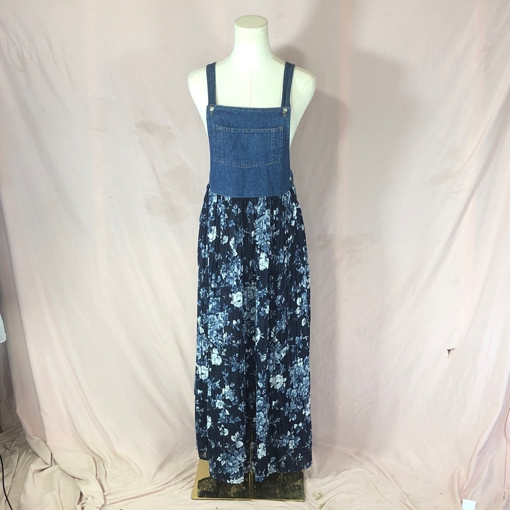 Coldwater Creek Denim Bib Floral Maxi Dress - Navy/Blue Size Small Medium